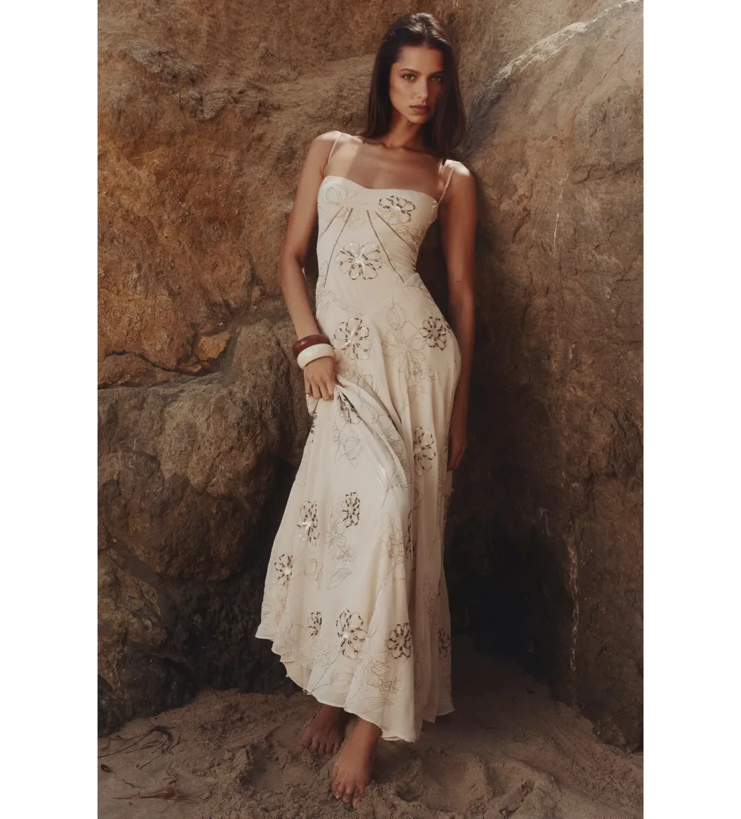 House of CB Seren Maxi Dress in Vanilla Hand-Beaded Floral Embroidery Size 10/M for rent on The Volte - main image