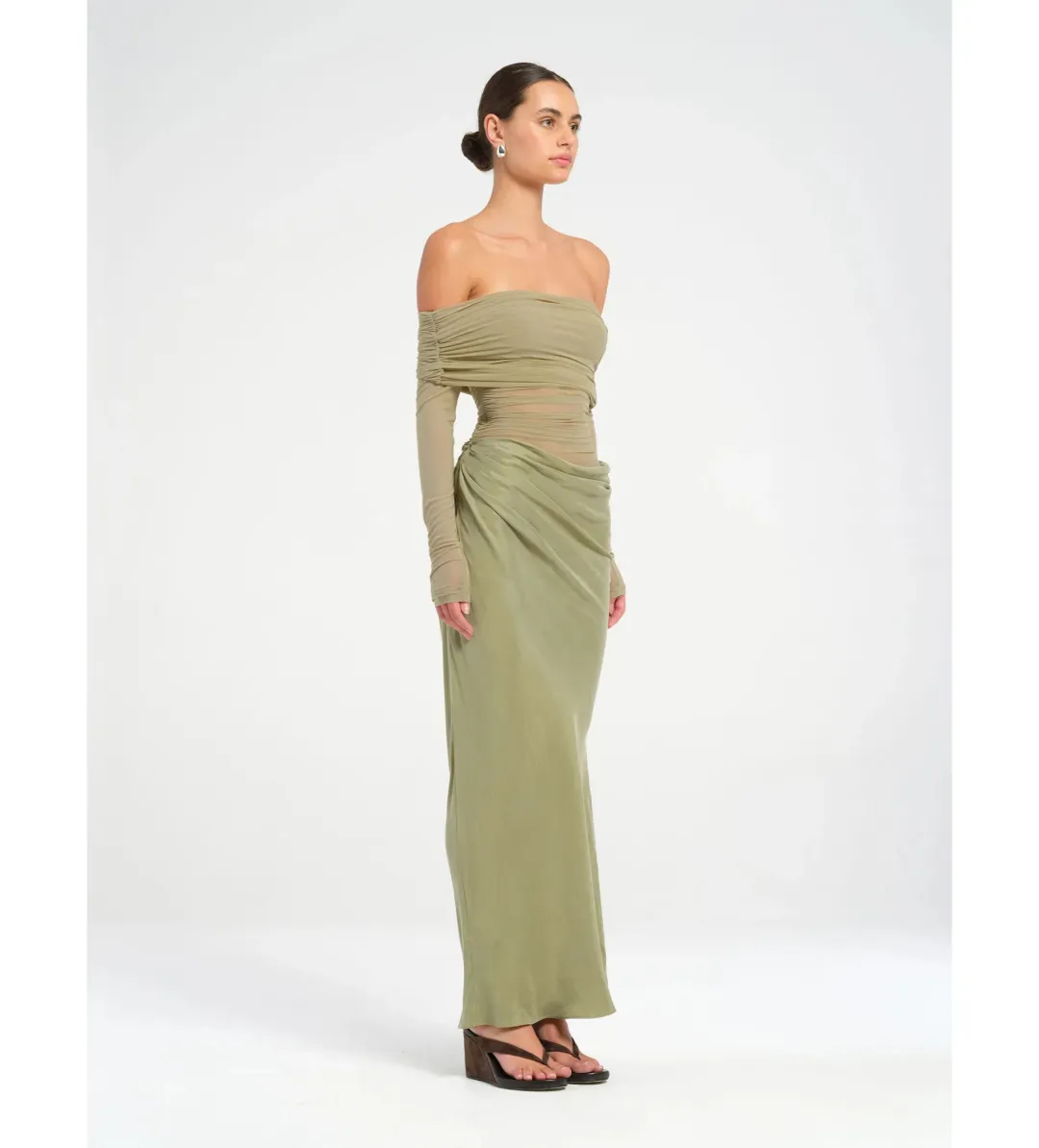 Benni Yasmin Off-Shoulder Maxi Dress in Pistachio Size XL / AU 14 for rent on The Volte - main image