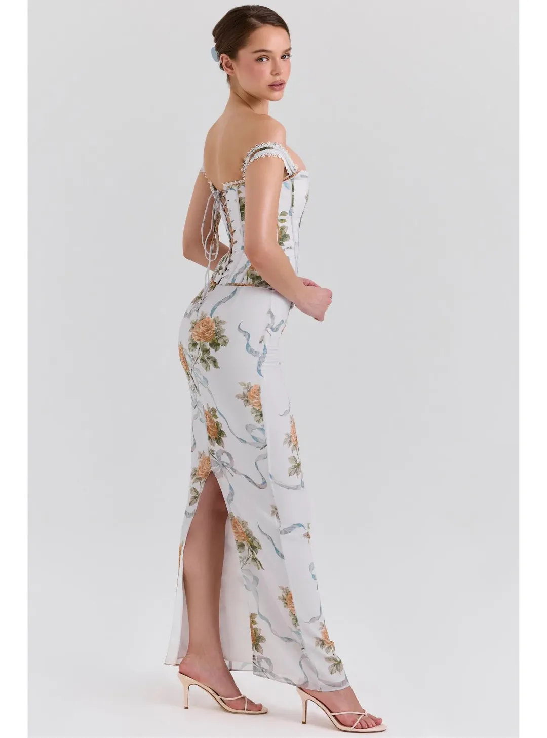 House of CB Isis Corset Maxi Dress in Soft Blue Vintage Print Size S / AU 8 for rent on The Volte - main image