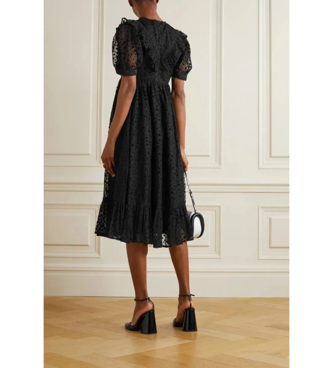 Batsheva May Ruffled Polka-Dot Flocked Tulle Midi Dress Black Size AU 18 for rent on The Volte - main image