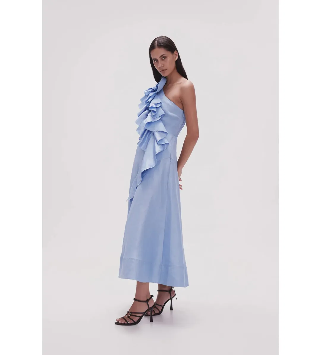 Aje Adelia Ruffle Midi Dress Light Sky Blue Size AU 6 for rent on The Volte - main image