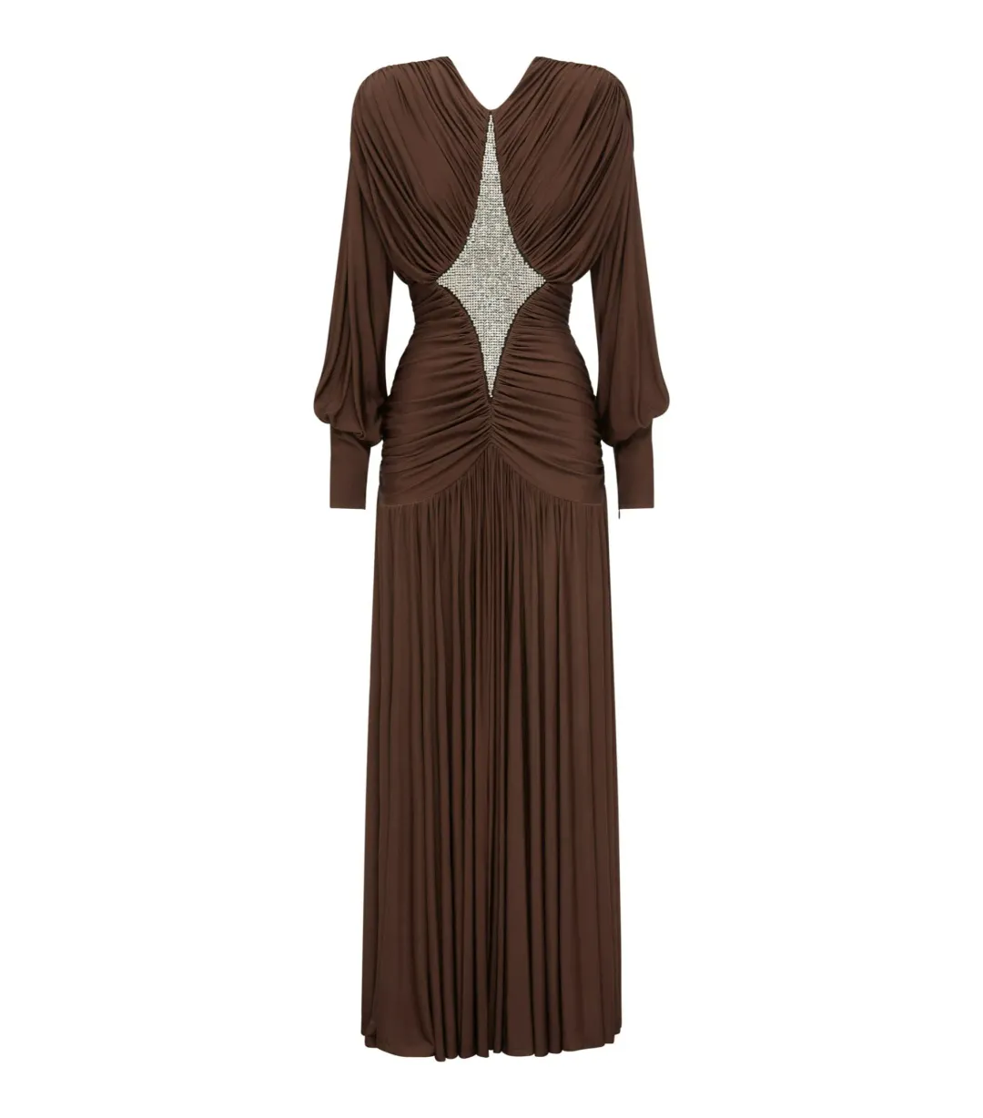 Alemais Silvio Ruched Maxi Dress Brown Size AU 6 for rent on The Volte - main image
