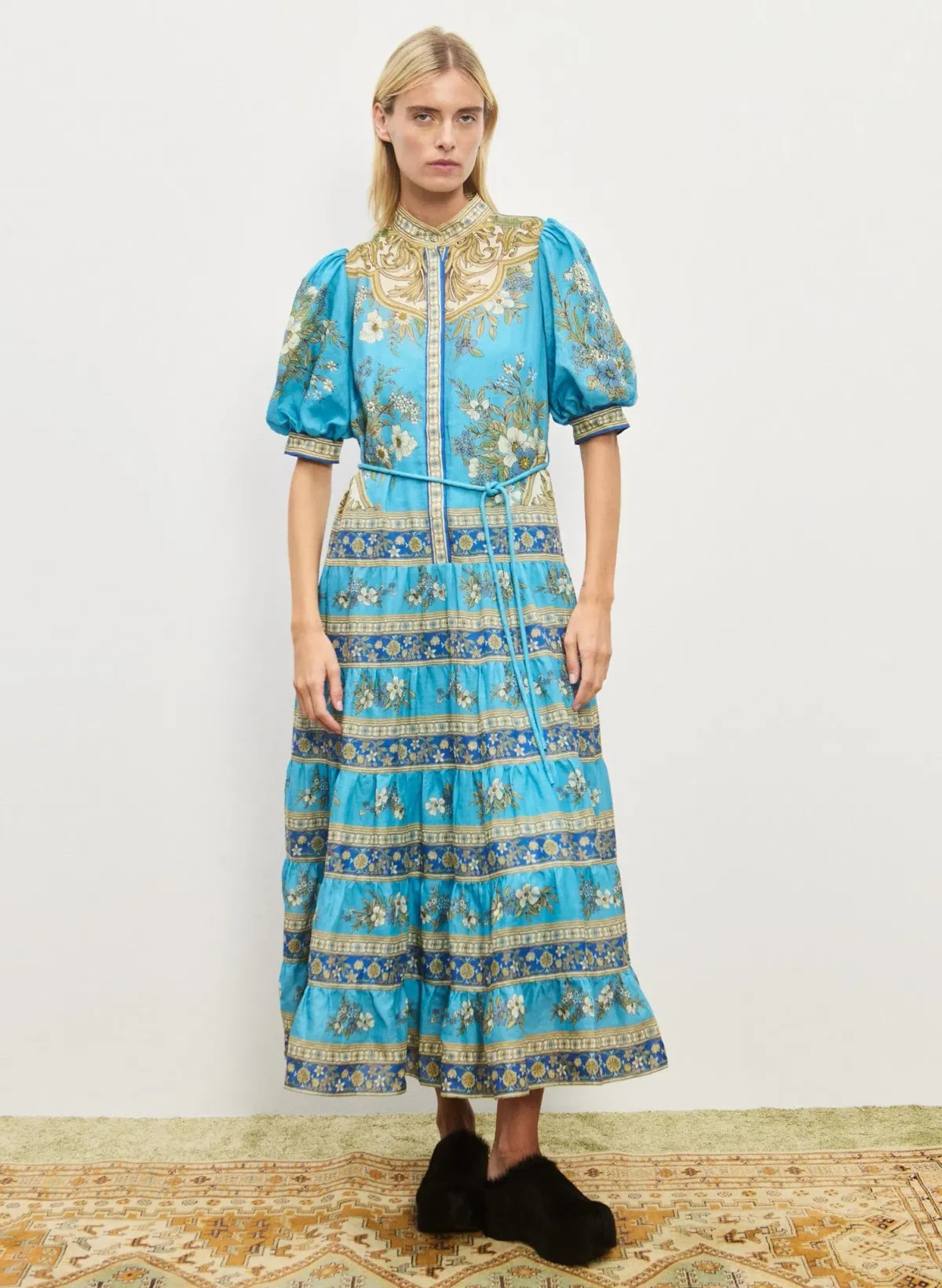 Alemais Cassie Tiered Midi Dress Blue Floral Print Size 10 - Image 1