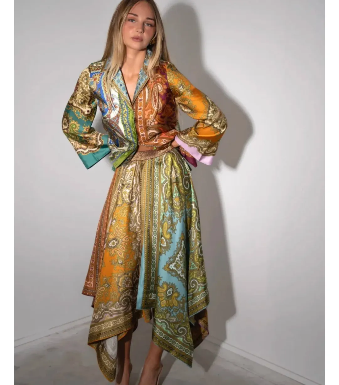 Alemais Clemenza Spliced Silk Shirt and Scarf Skirt Set Multi Size 8 for rent on The Volte - main image
