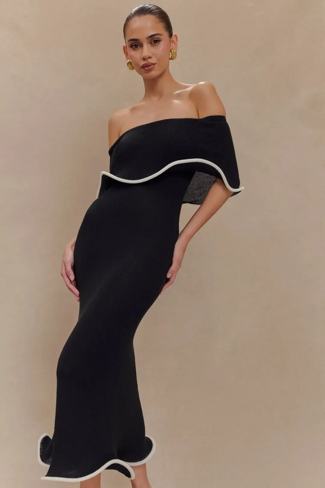 MESHKI Molly Off Shoulder Knit Midi Dress Black Size S / Size AU 8 for rent on The Volte - main image