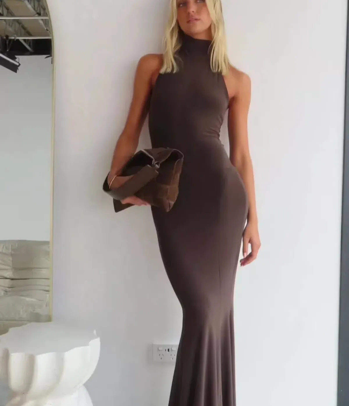 Norma Kamali Halter Turtle Fishtail Gown Brown Size 8 - Image 8