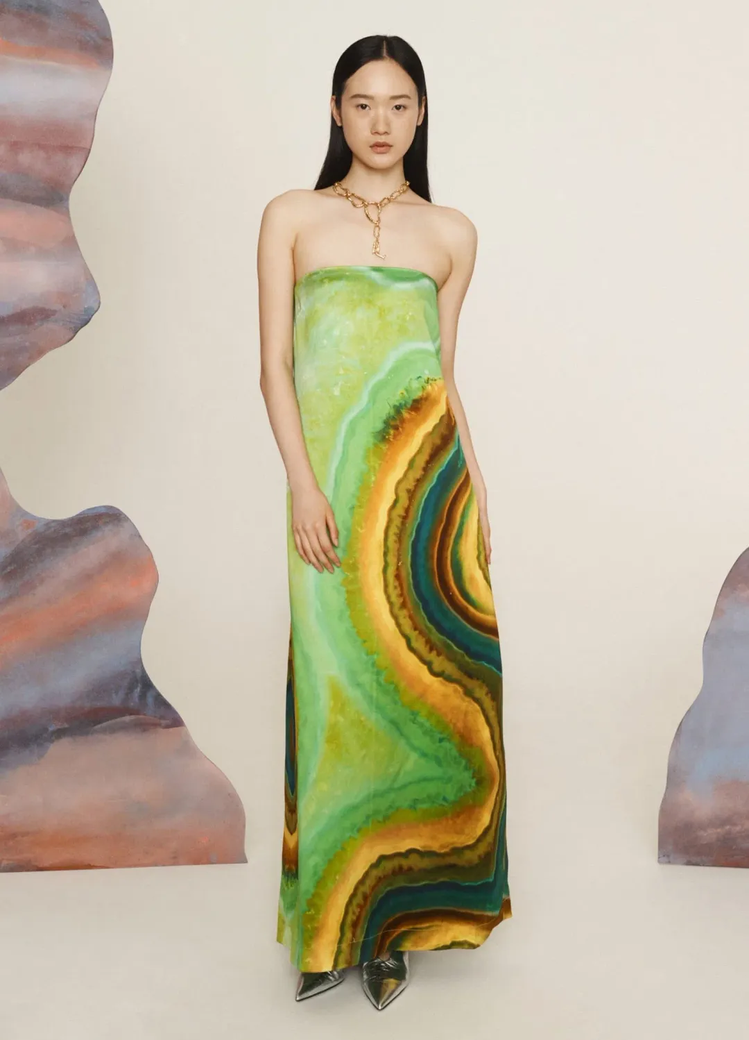 Alémais Iris Maxi Strapless Gown Green Print Size 16 for rent on The Volte - main image