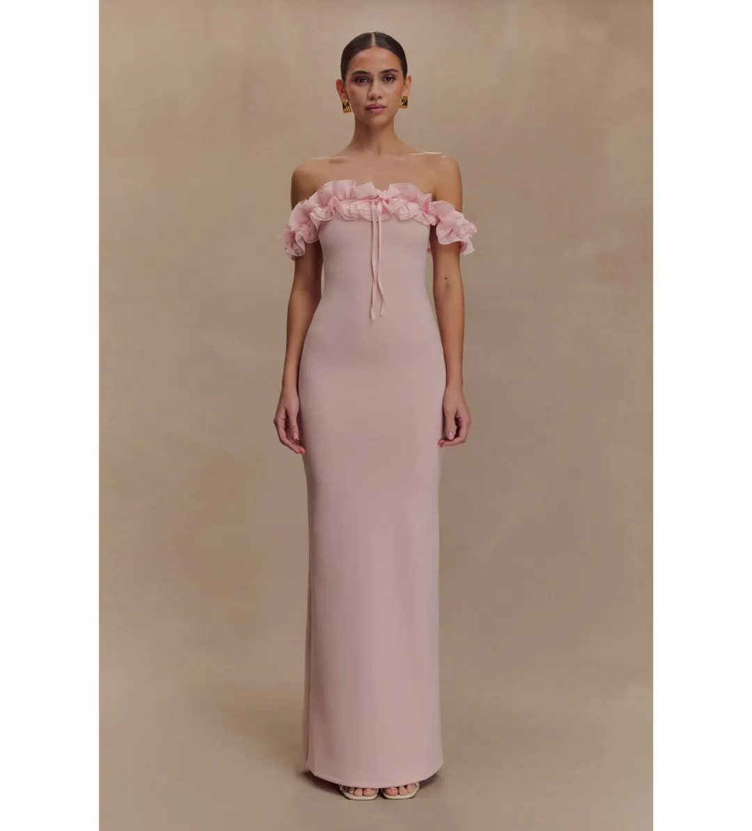 Meshki Nova Ruffle Off Shoulder Maxi Dress Ballet Pink Size 10 for rent on The Volte - main image