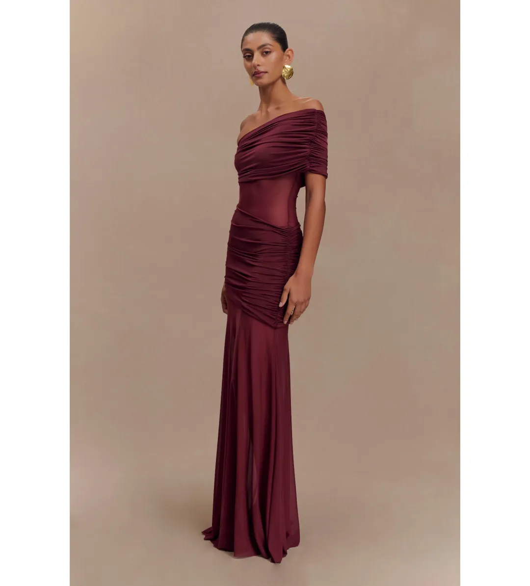 Meshki Dallas One Shoulder Mesh Maxi Dress Burgundy Size 8 for rent on The Volte - main image