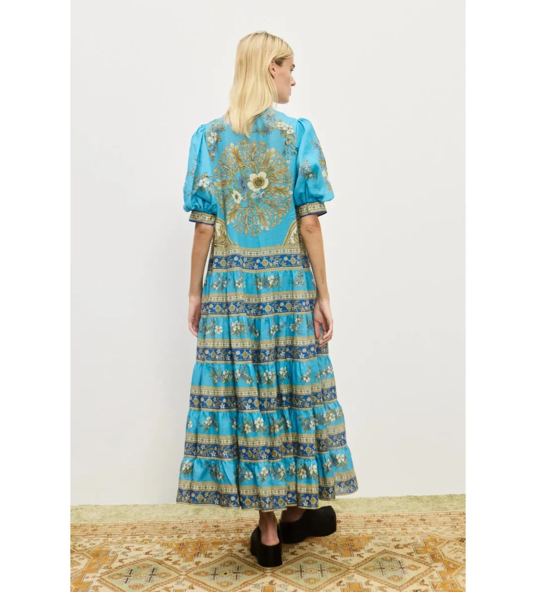 Alemais Cassie Tiered Midi Dress Blue Floral Size AU 8 for rent on The Volte - main image