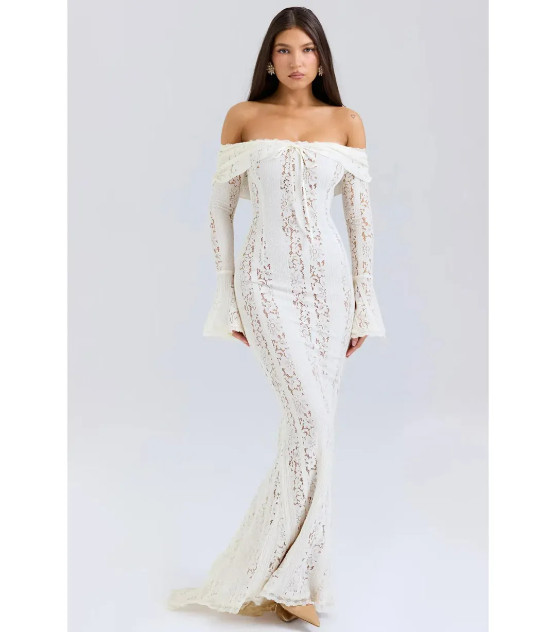 House of CB Belle Floral Lace Off Shoulder Maxi Dress Vintage Cream Size S / AU 8 for rent on The Volte - main image