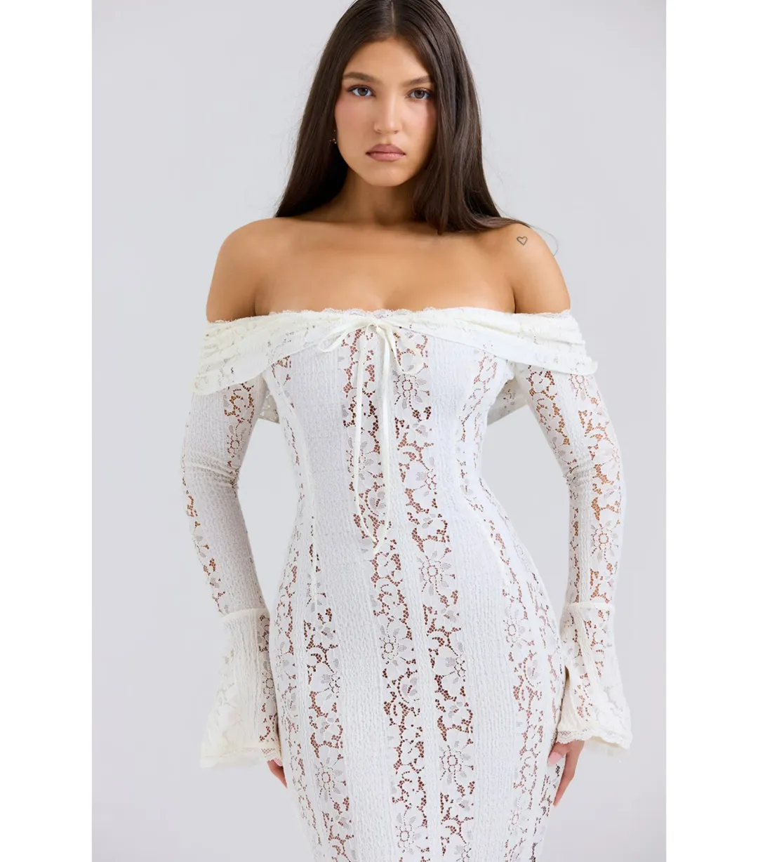 House of CB Belle Floral Lace Off Shoulder Maxi Dress Vintage Cream Size S / AU 8 for rent on The Volte - main image