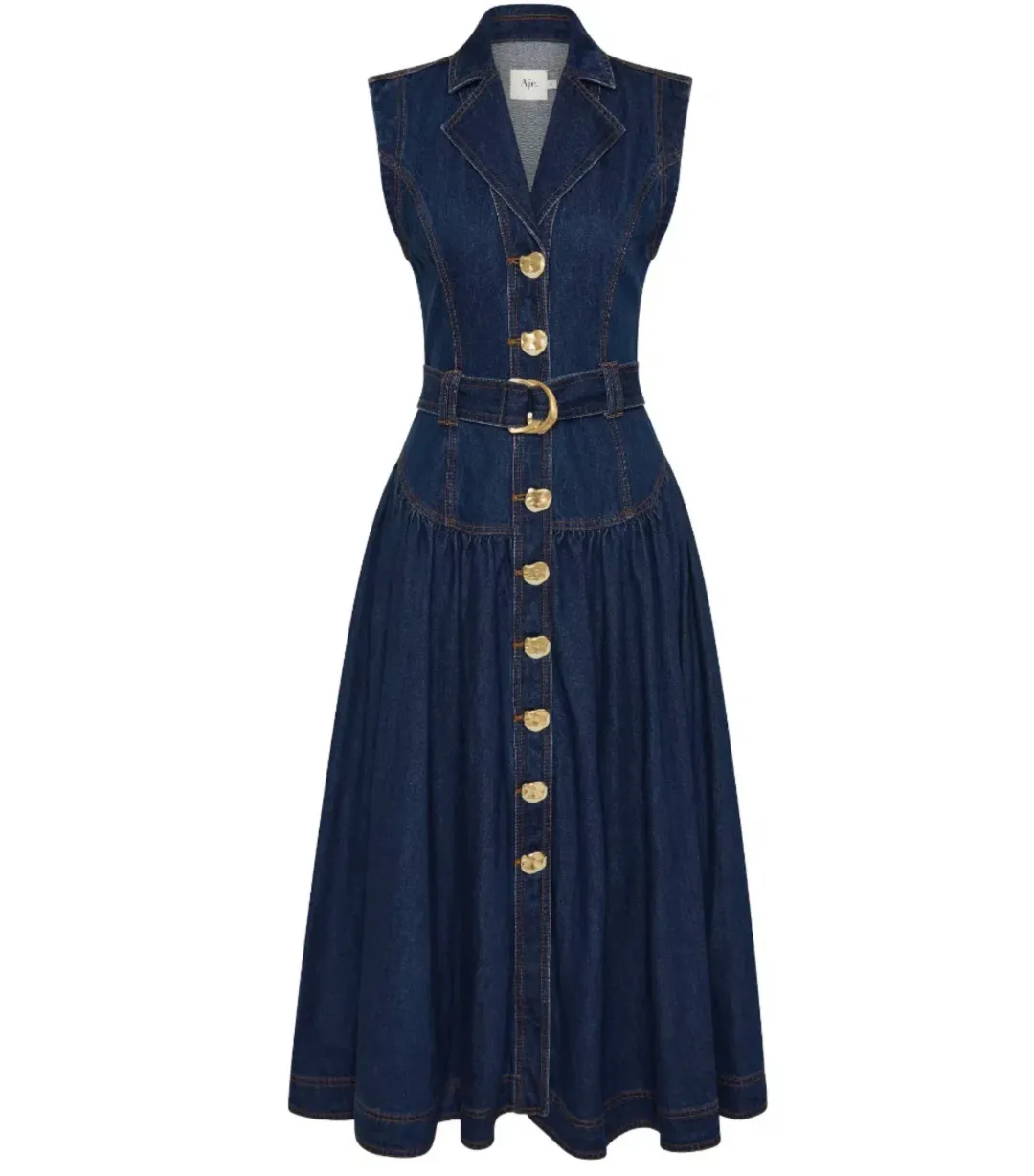 Aje Elena Belted Denim Midi Dress Dark Classic Wash Size AU 8 for rent on The Volte - main image