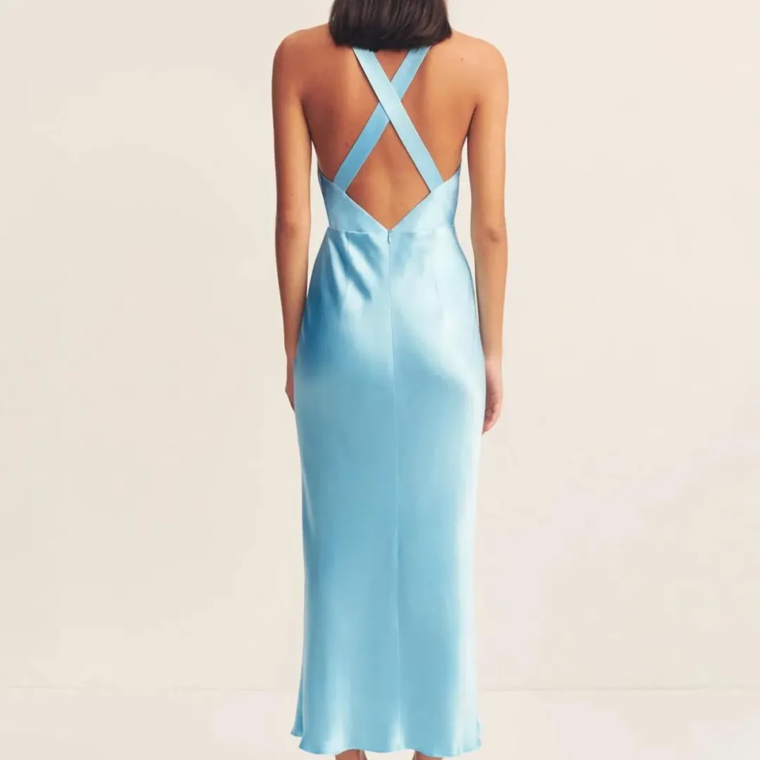 Shona Joy La Lune Plunged Cross Back Maxi Dress Iceberg Blue Size 10 for rent on The Volte - main image