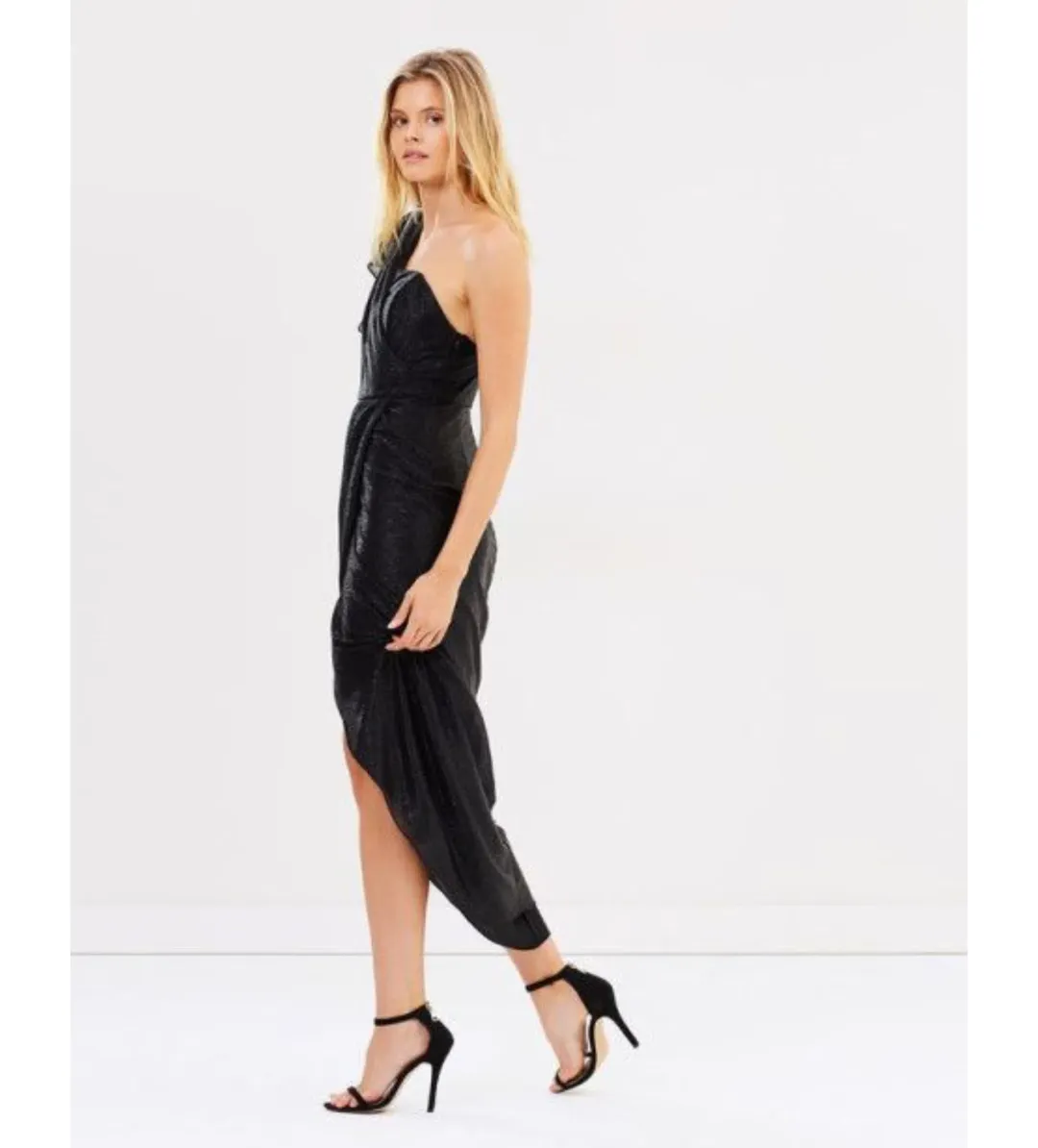 Shona Joy Cassis One-Shoulder Bustier Draped Midi Dress Black Size AU 6 for rent on The Volte - main image