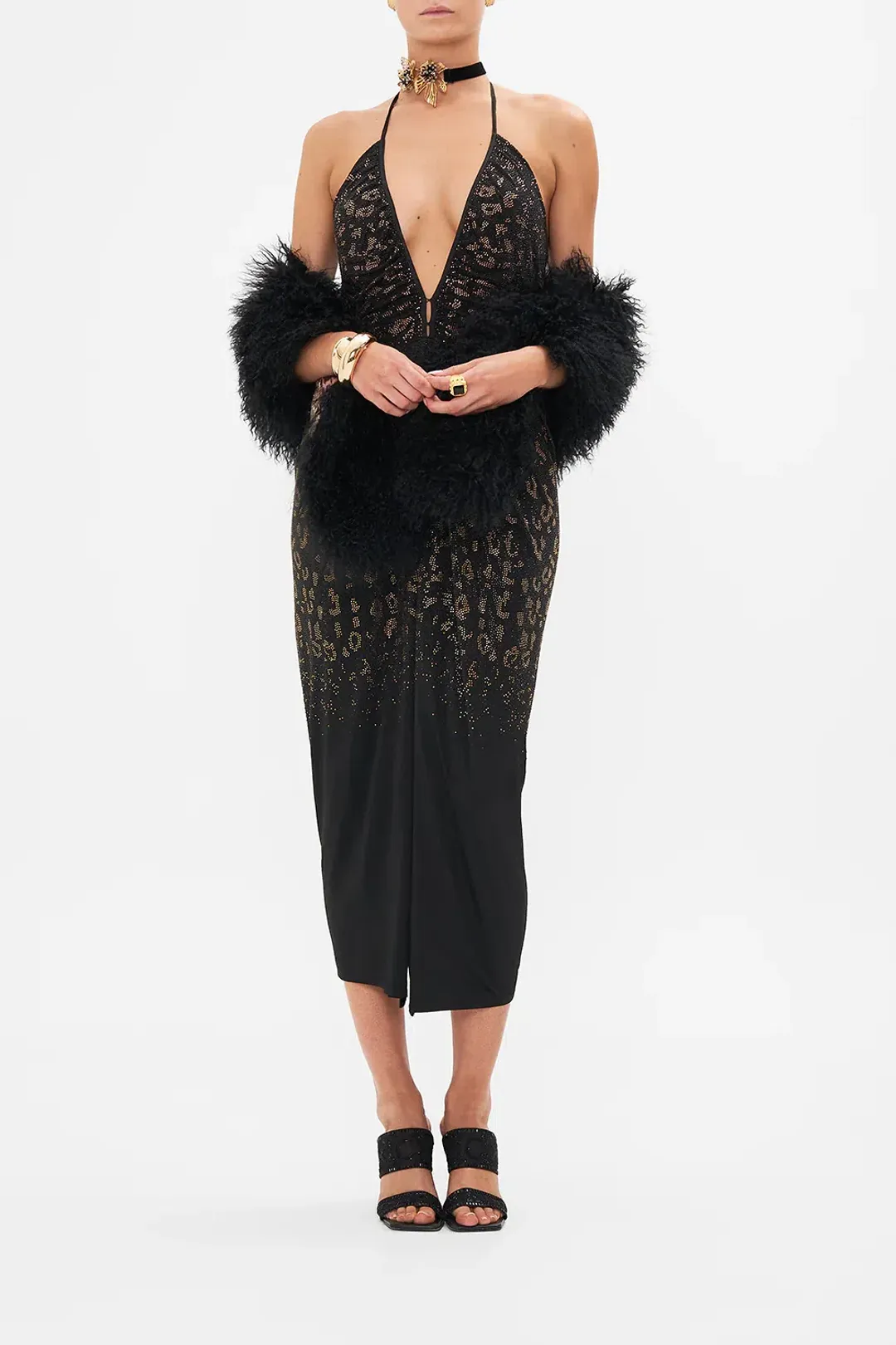 Camilla Mosaic Muse V Neck Gathered Jersey Dress Midi Black (XL/AU16) for rent on The Volte - main image