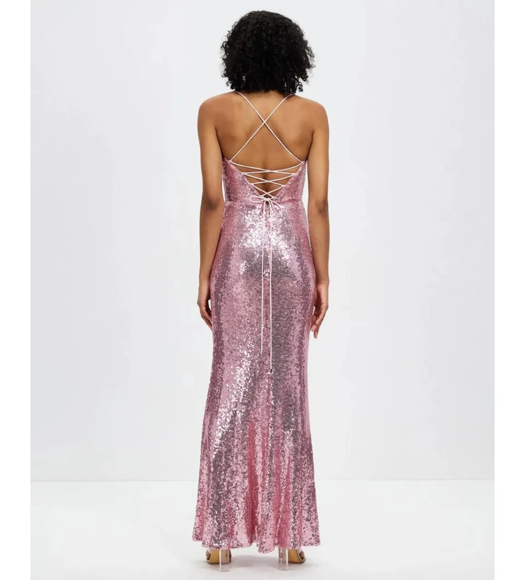 Bariano Stephanie Cowl Draped Sequin Gown Baby Pink Size AU 16  for rent on The Volte - main image