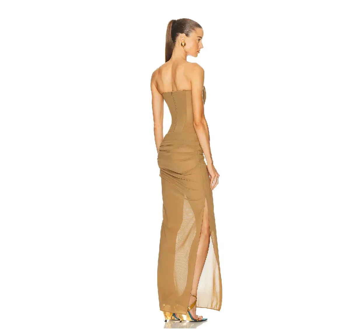 Alex Perry Strapless Longline Corset Column Stretch Mesh Maxi Dress Khaki Size AU 8 - Image 3