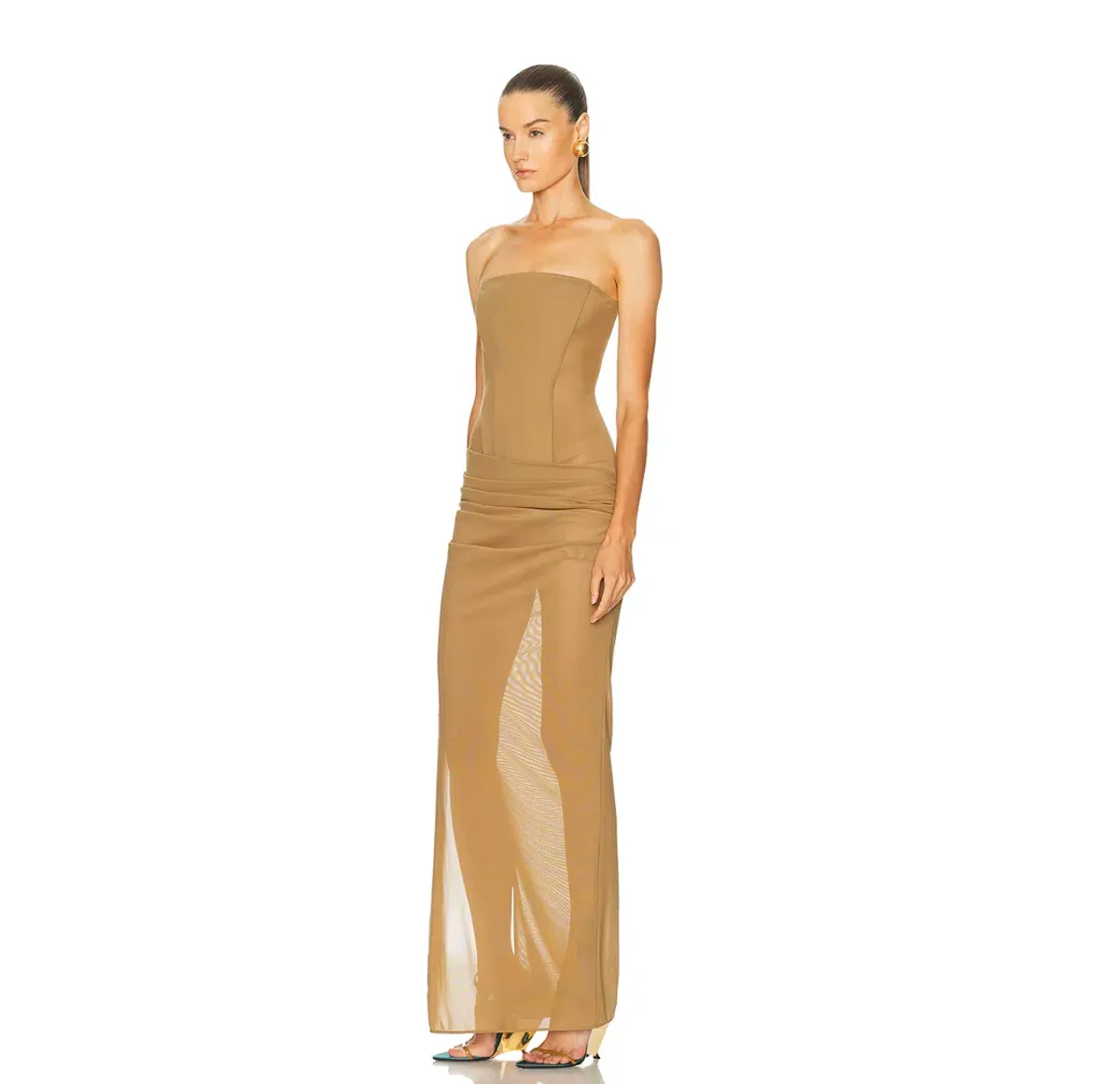 Alex Perry Strapless Longline Corset Column Stretch Mesh Maxi Dress Khaki Size AU 8 - Image 2