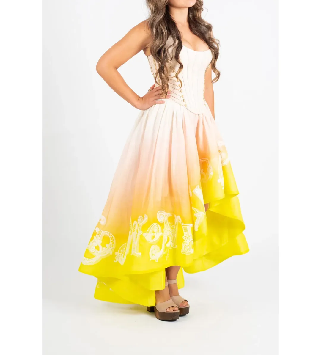 Zimmermann Wonderland Lace Up Midi Dress Sunset Ombre Size 2 AU 12 for rent on The Volte - main image