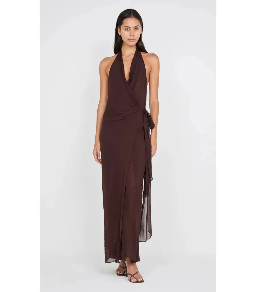 Bec & Bridge Soneva Wrap Maxi Dress Dark Chocolate Size AU 8 for rent on The Volte - main image