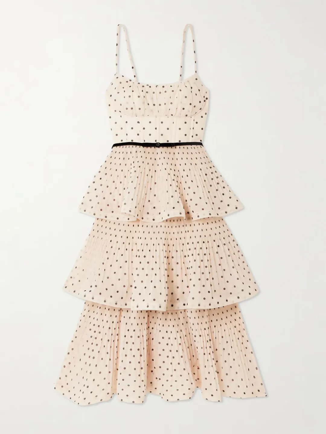 Zimmermann Pleated Tiered Midi Dress in Black/Cream Polka Dot Size 14/L for rent on The Volte - main image