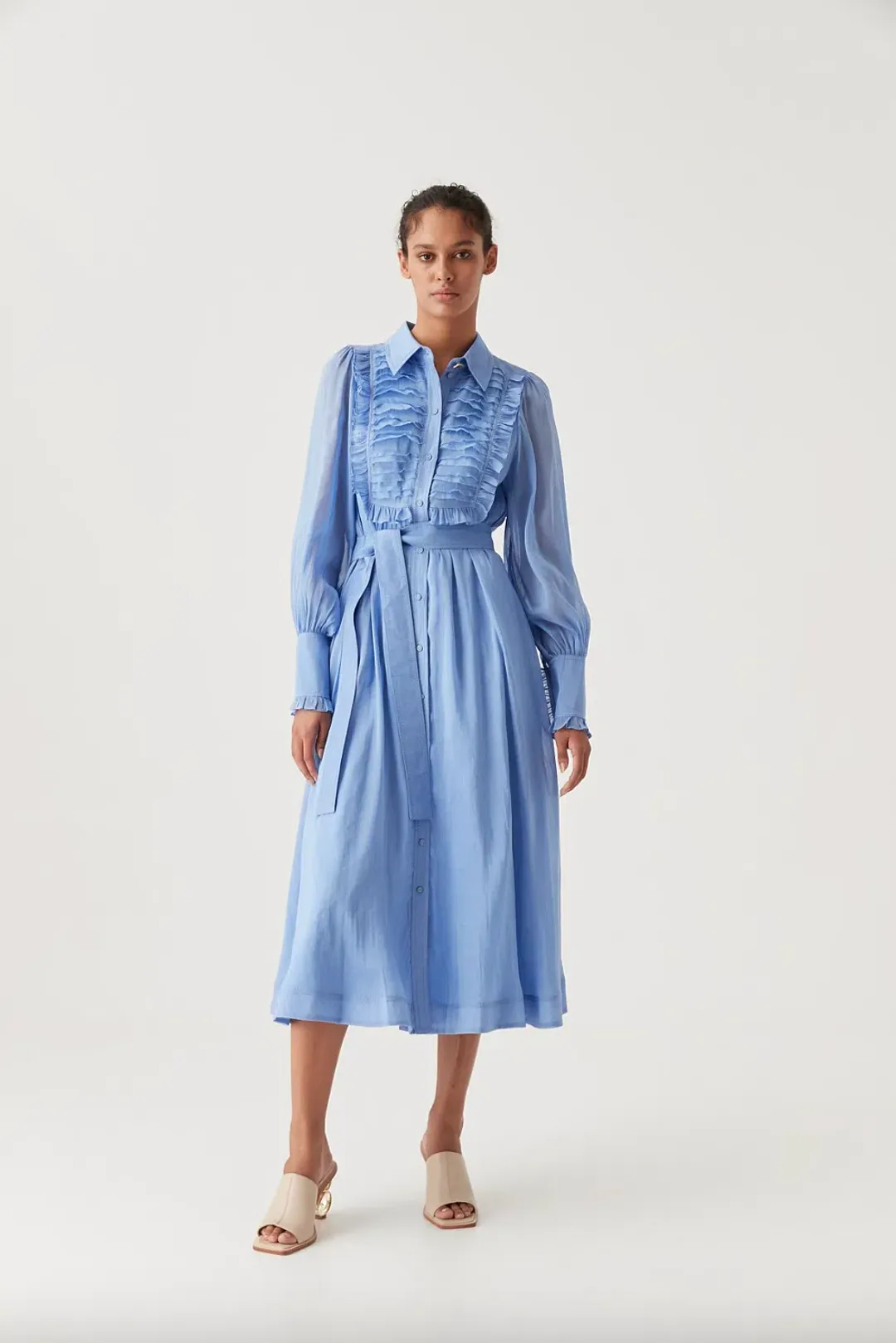 Aje Iris Pleated Bib Midi Dress Mist Blue Size AU 10 for rent on The Volte - main image