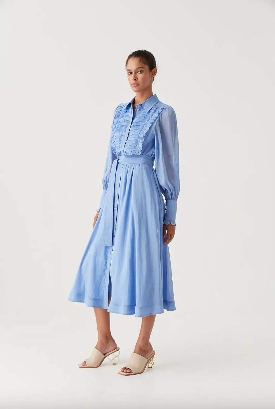 Aje Iris Pleated Bib Midi Dress Mist Blue Size AU 10 for rent on The Volte - main image