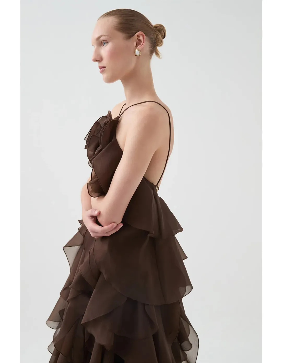 Aje Pandorea Layered Maxi Dress in Carob Brown Size AU 10 for rent on The Volte - main image