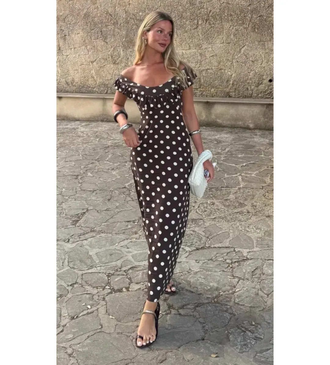 Design By Si Luna Dress Maxi Dress Brown Polka Size 6 for rent on The Volte - main image