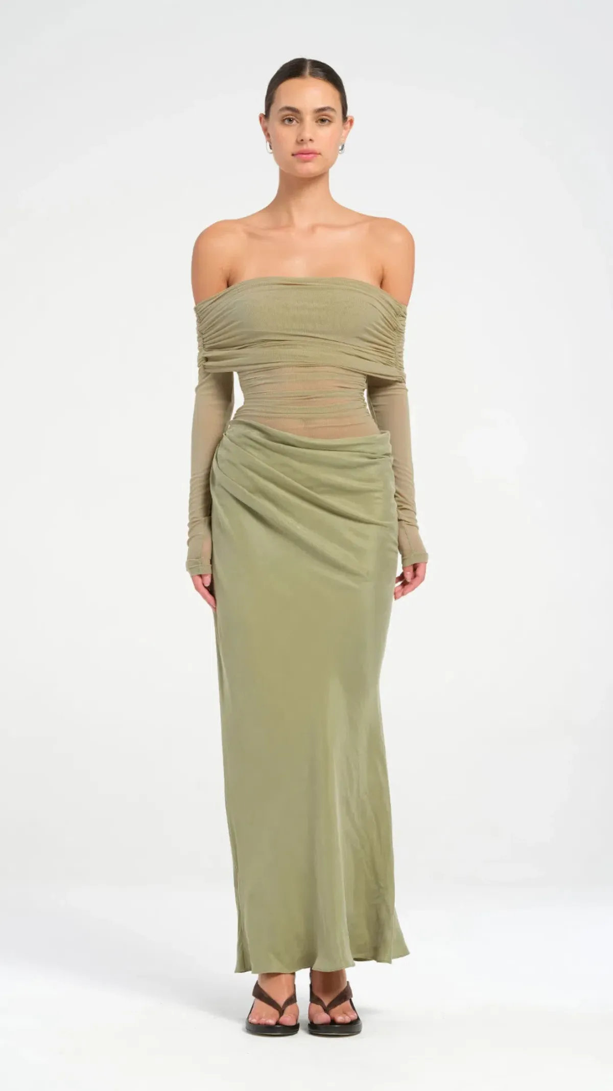 Benni Yasmin Off Shoulder Maxi Dress in Pistachio Size AU 8 - Image 1