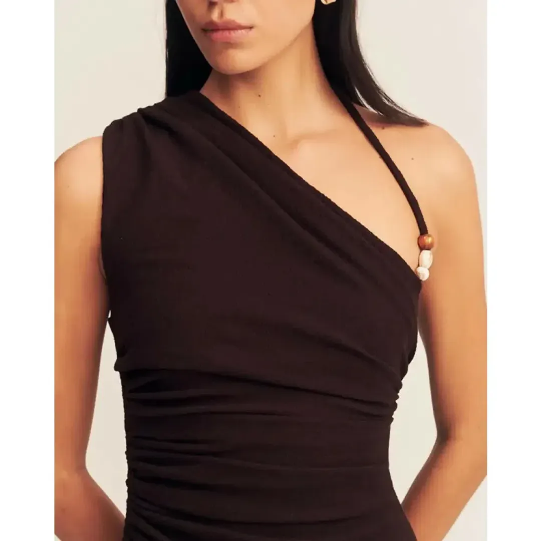 Shona Joy Beau Gathered Asymmetrical Midi Dress Brown Size AU 8 for rent on The Volte - main image