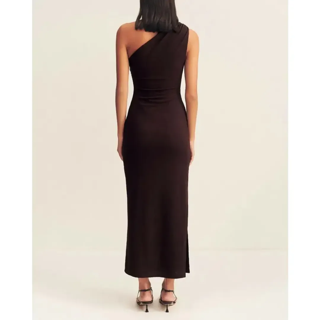 Shona Joy Beau Gathered Asymmetrical Midi Dress Brown Size AU 8 for rent on The Volte - main image