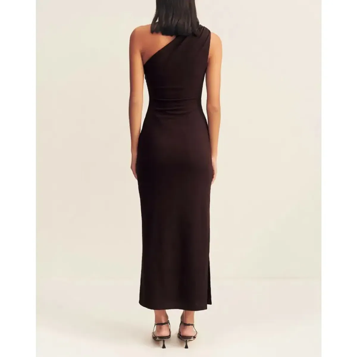 Shona Joy Beau Gathered Asymmetrical Midi Dress Brown Size AU 8 - Image 3