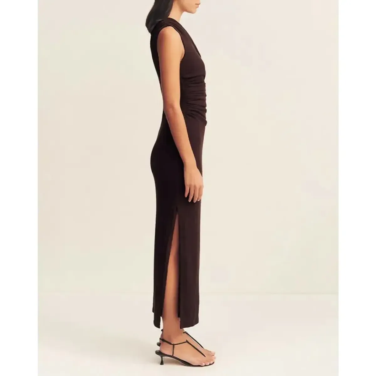 Shona Joy Beau Gathered Asymmetrical Midi Dress Brown Size AU 8 - Image 2