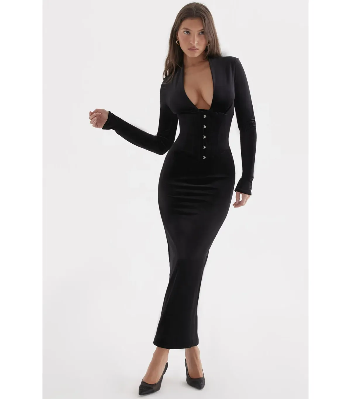 House of CB Arabella Corset Midi Dress Black Velvet Size AU 10  - Image 2