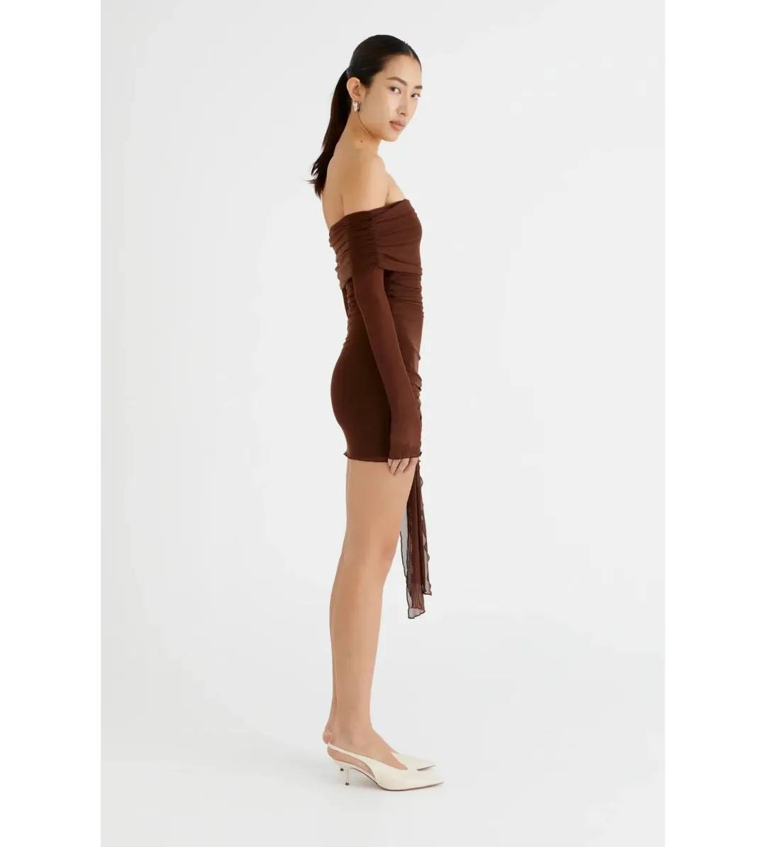 Benni Yasmin Off Shoulder Mini Dress in Cacao Size AU 6 for rent on The Volte - main image