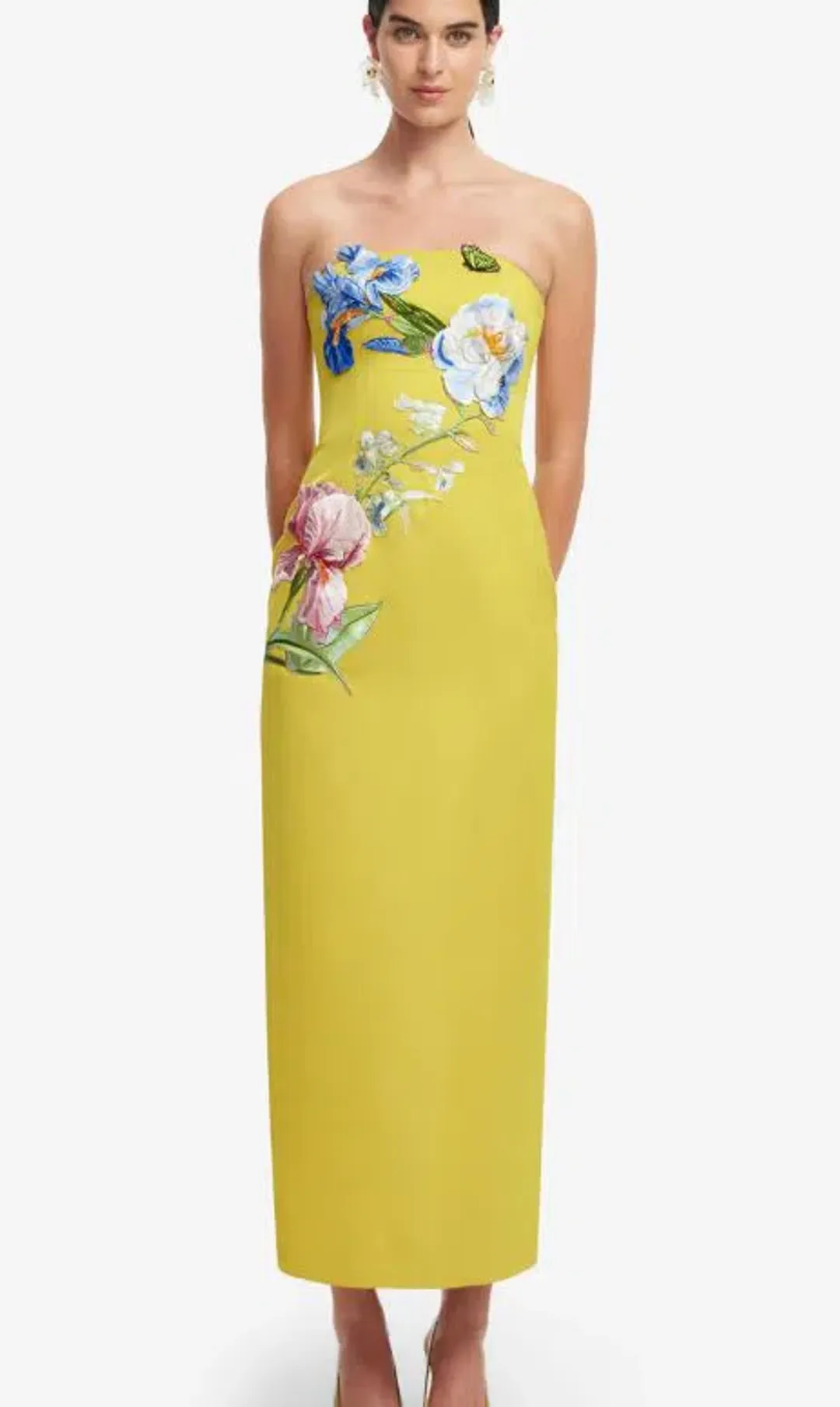 Leo Lin Rayna Applique Floral Bustier Midi Dress in Mustard Size 8 for rent on The Volte - main image