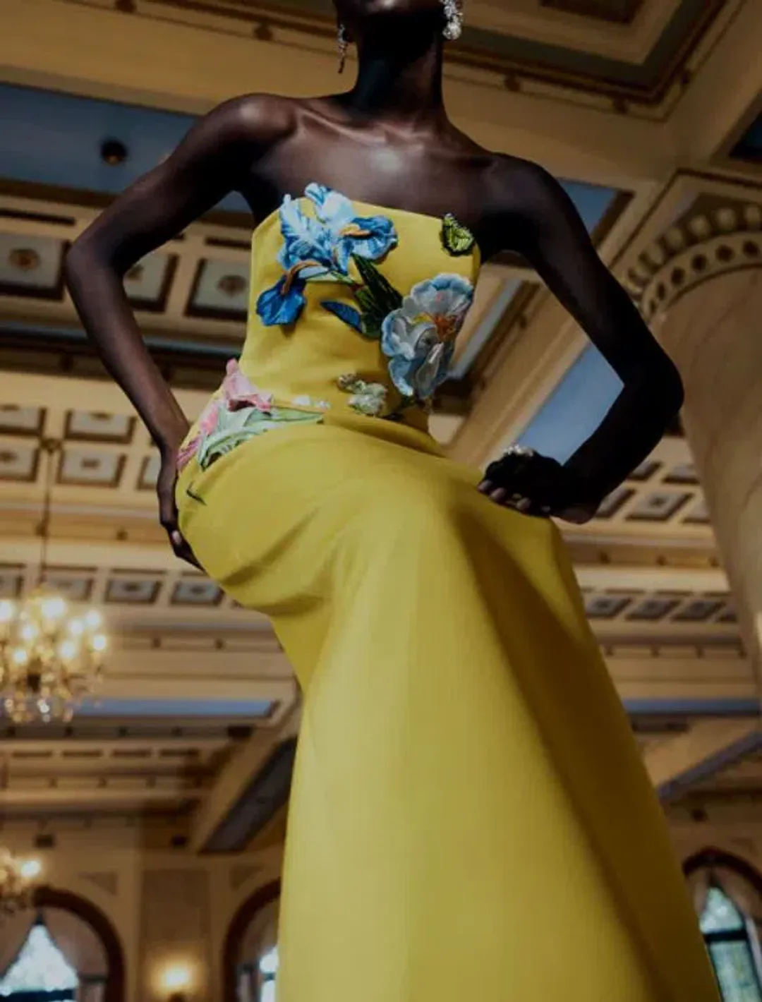 Leo Lin Rayna Applique Floral Bustier Midi Dress in Mustard Size 8 for rent on The Volte - main image