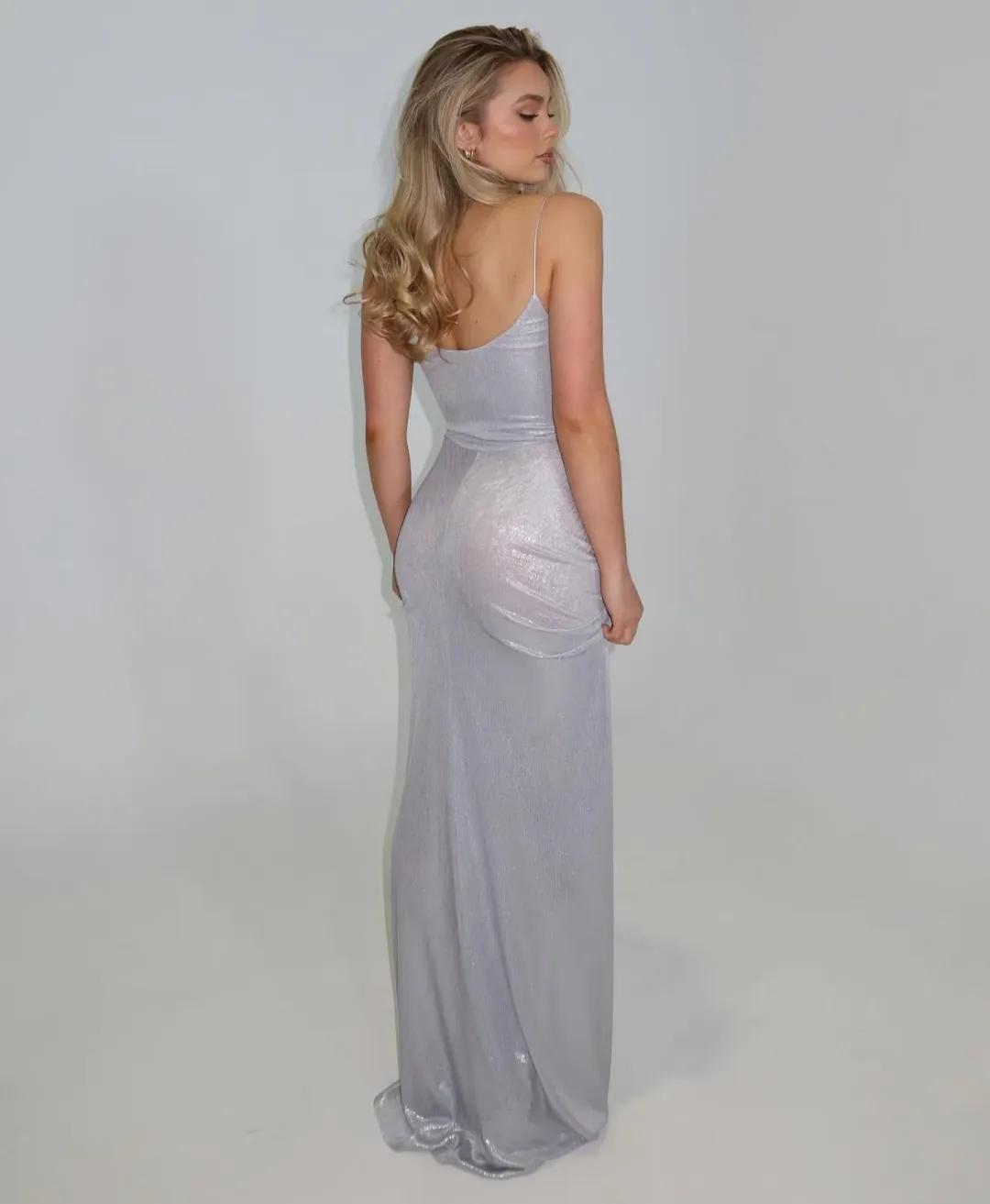 Natalie Rolt Allora Floor Length Gown Silver Metallic Size 8 for rent on The Volte - main image