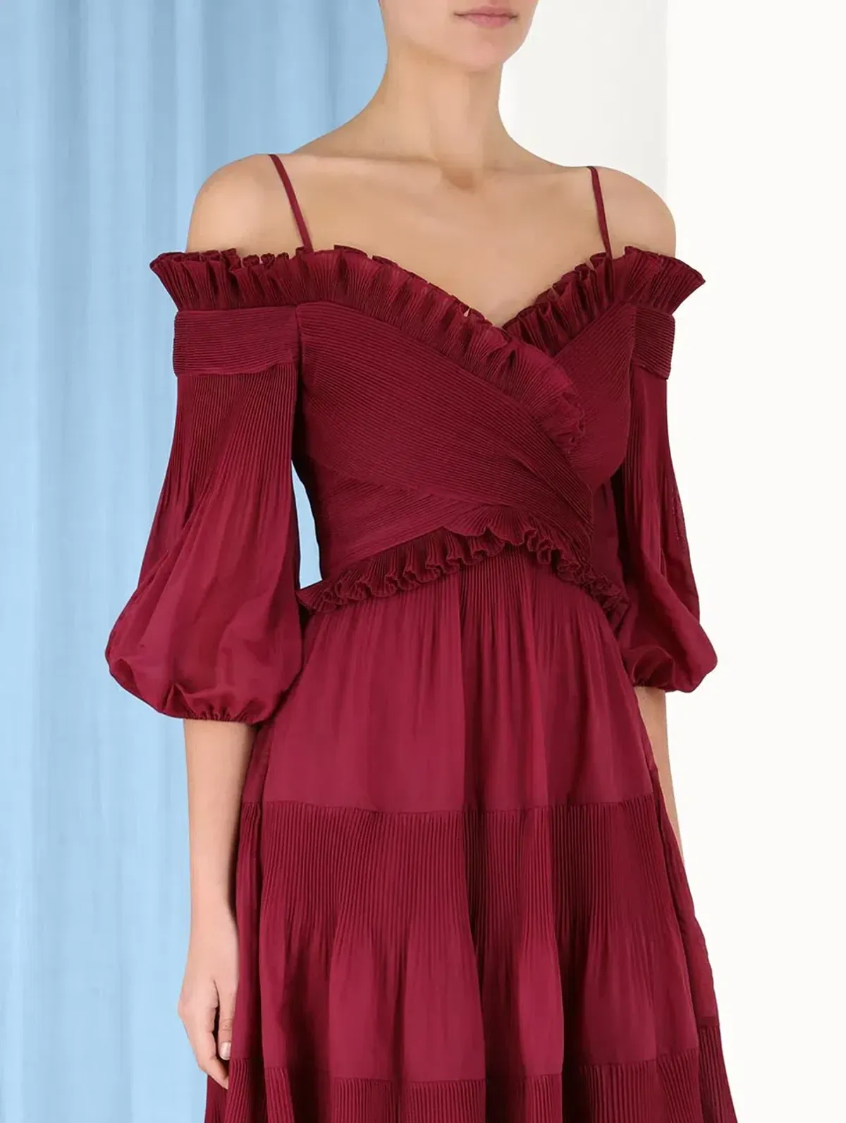 Zimmerman Pleated Off Shoulder Midi Dress Berry Size 1/AU 10 - Image 4