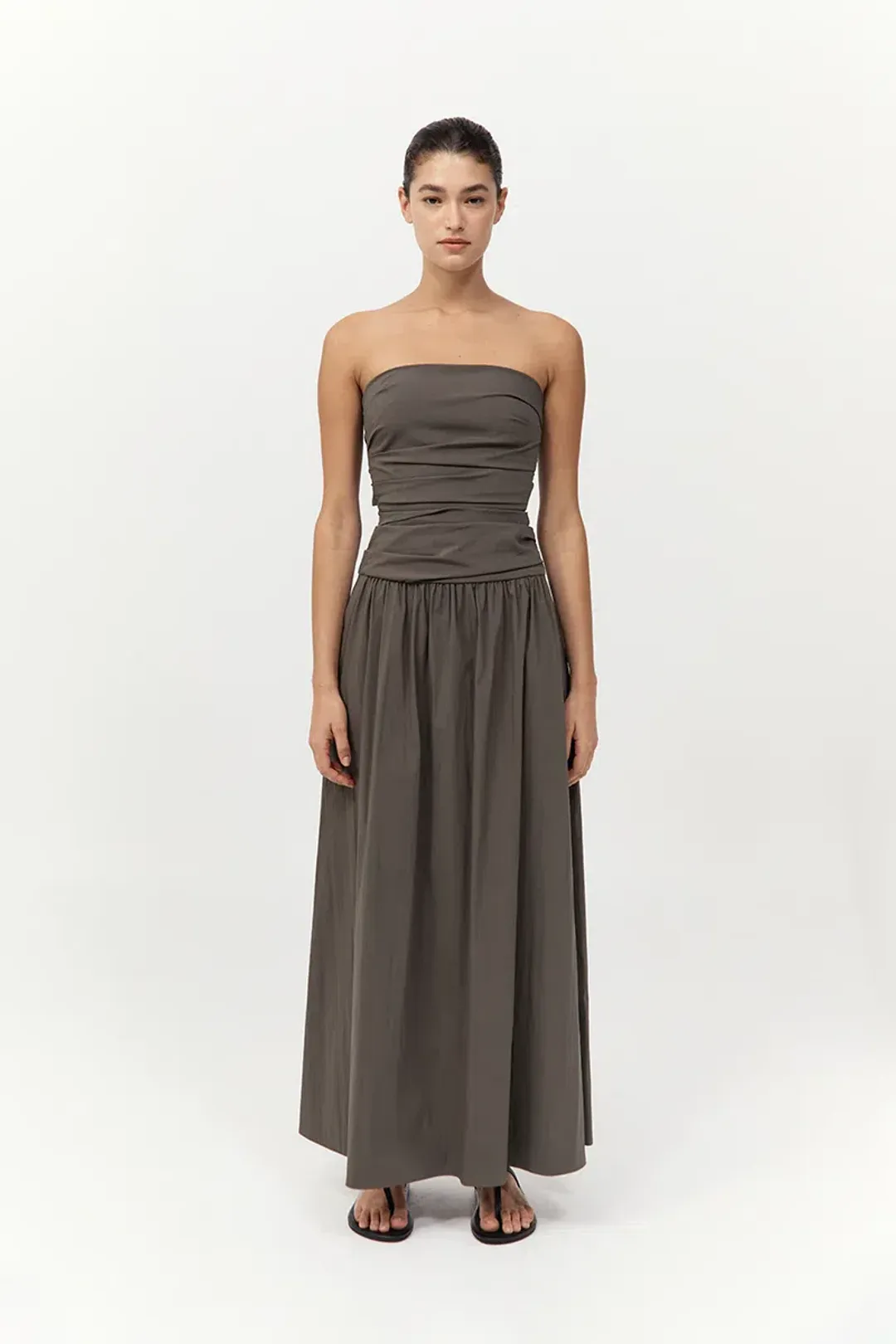St. Agni Gathered Strapless Tie Back Maxi Dress in Khaki Size S/AU 8 for rent on The Volte - main image