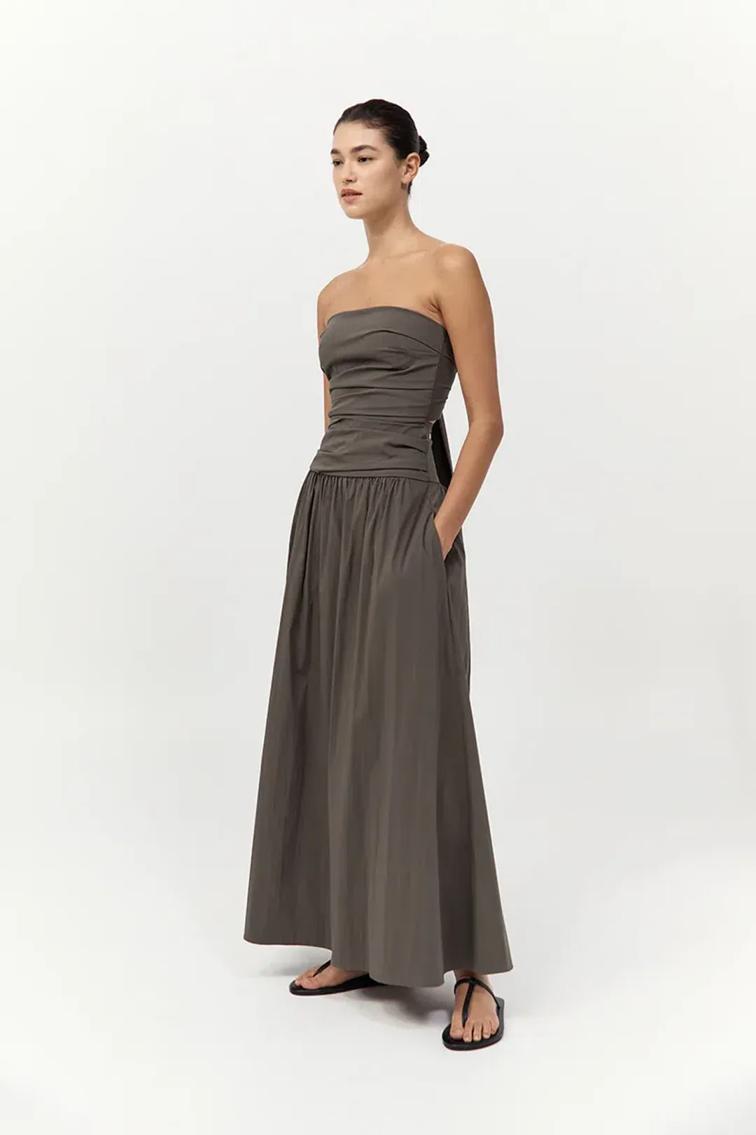 St. Agni Gathered Strapless Tie Back Maxi Dress in Khaki Size S/AU 8 for rent on The Volte - main image