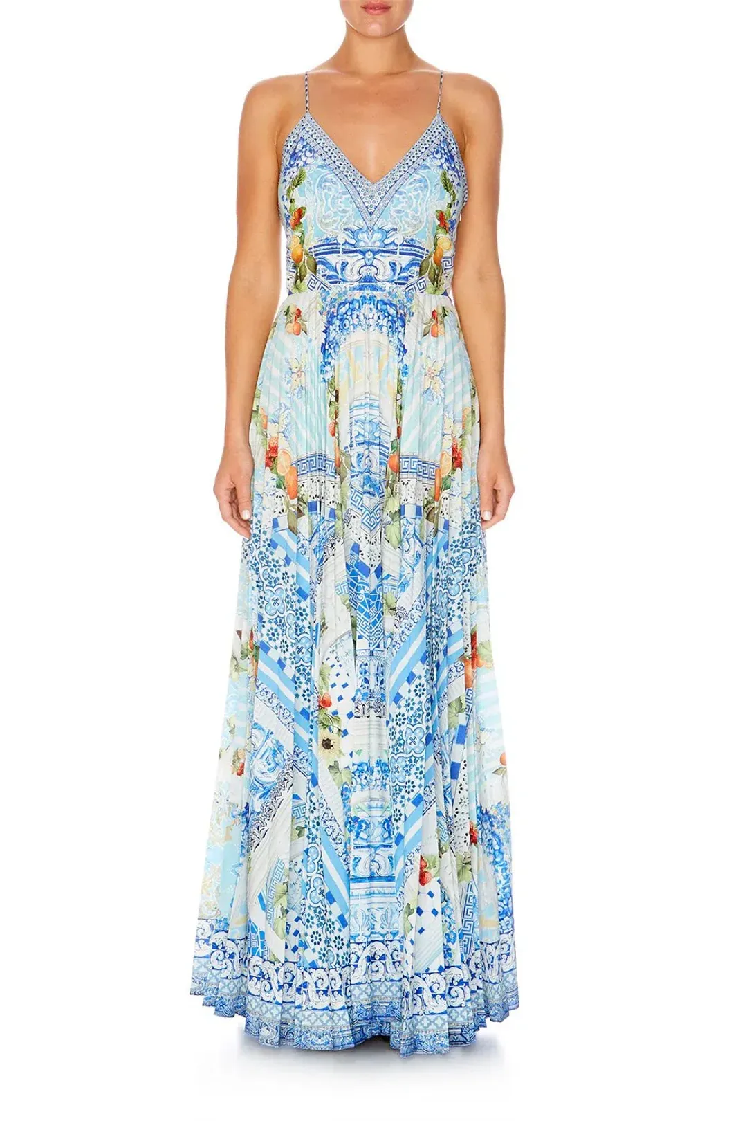 Camilla A Night To Remember Crystal Embellished Printed Blue Silk Maxi Dress Size M / AU 12 for rent on The Volte - main image