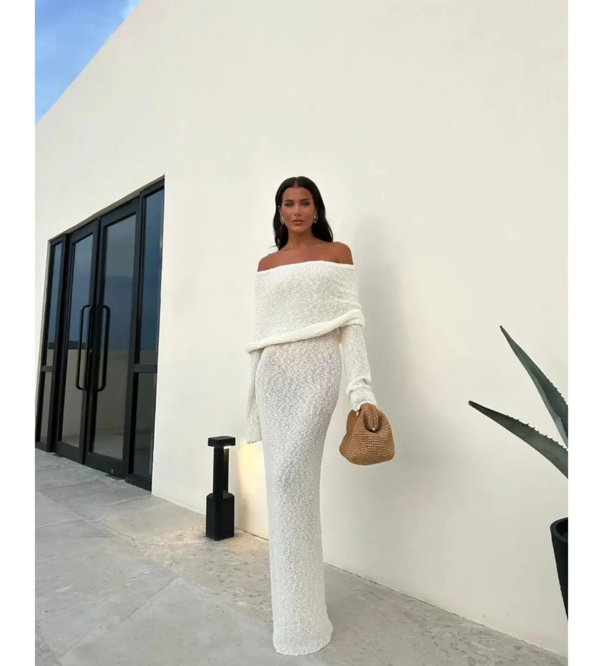 MESHKI Marisol Off Shoulder Boucle Maxi Dress Ivory Size M AU 10 - Image 2