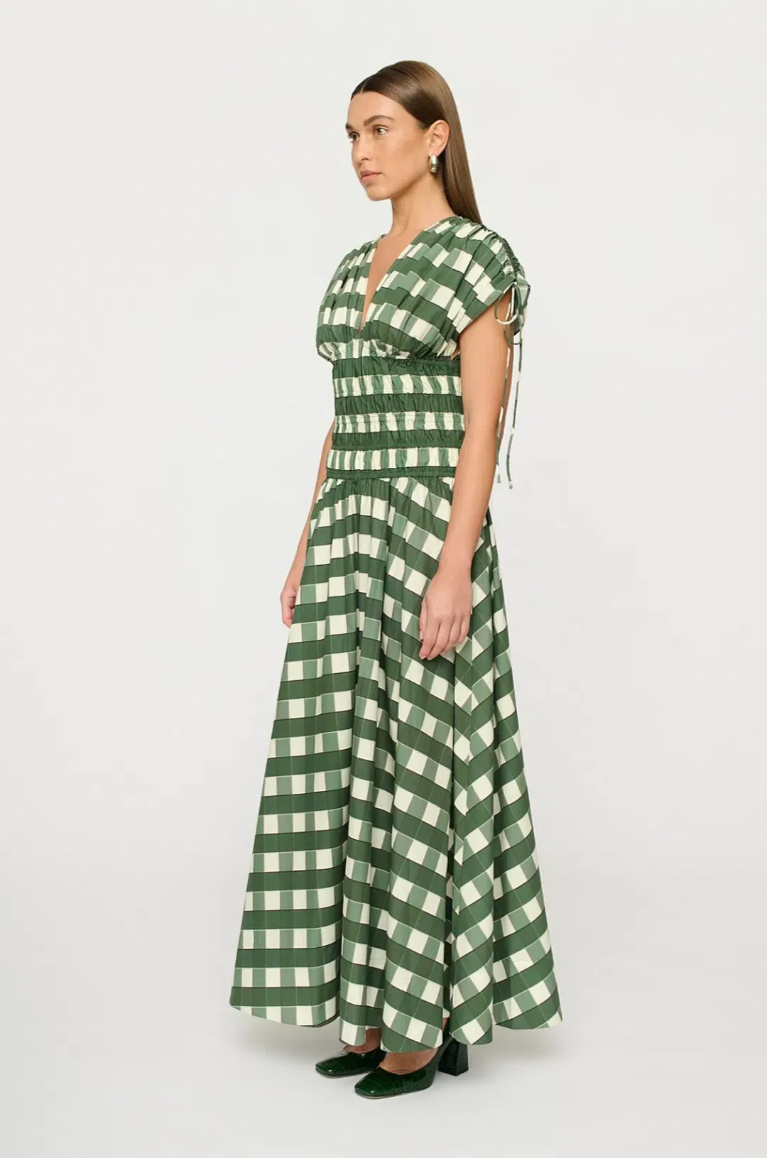Clea Ottavia Maxi Dress Green Check Size 6/XS for rent on The Volte - main image