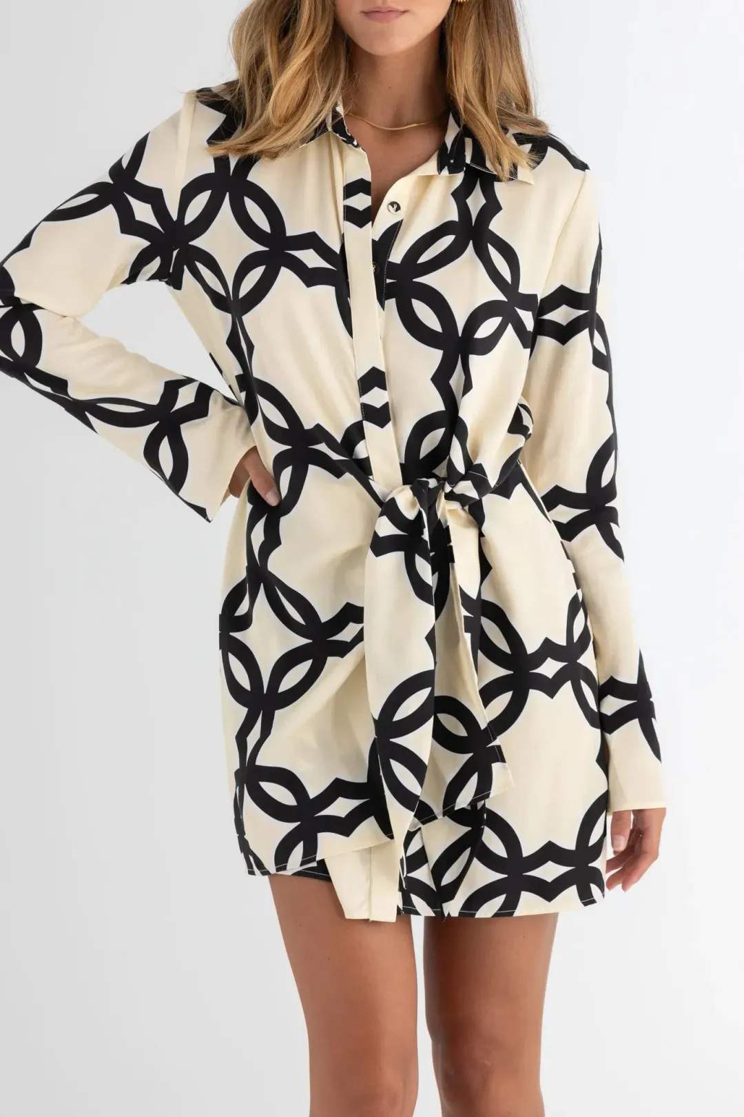 Pasduchas Covert Shirt Mini Dress Quatrefoil Print Size 14 for rent on The Volte - main image