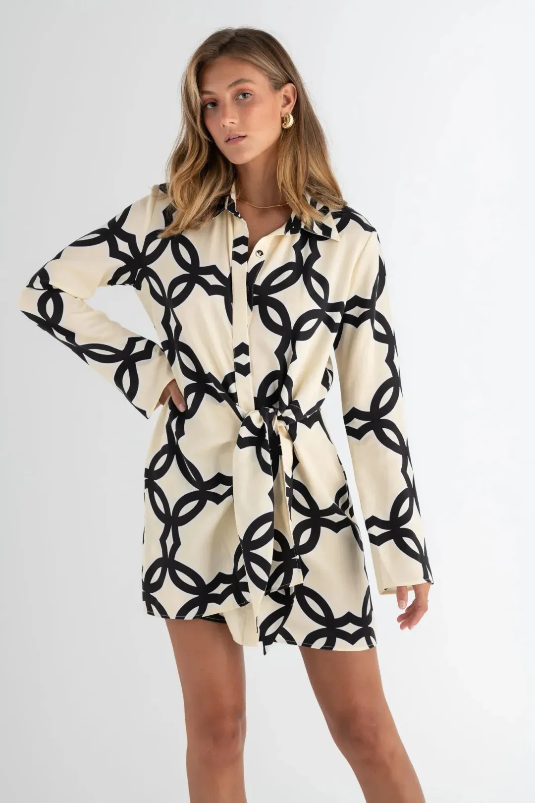 Pasduchas Covert Shirt Mini Dress Quatrefoil Print Size 14 for rent on The Volte - main image