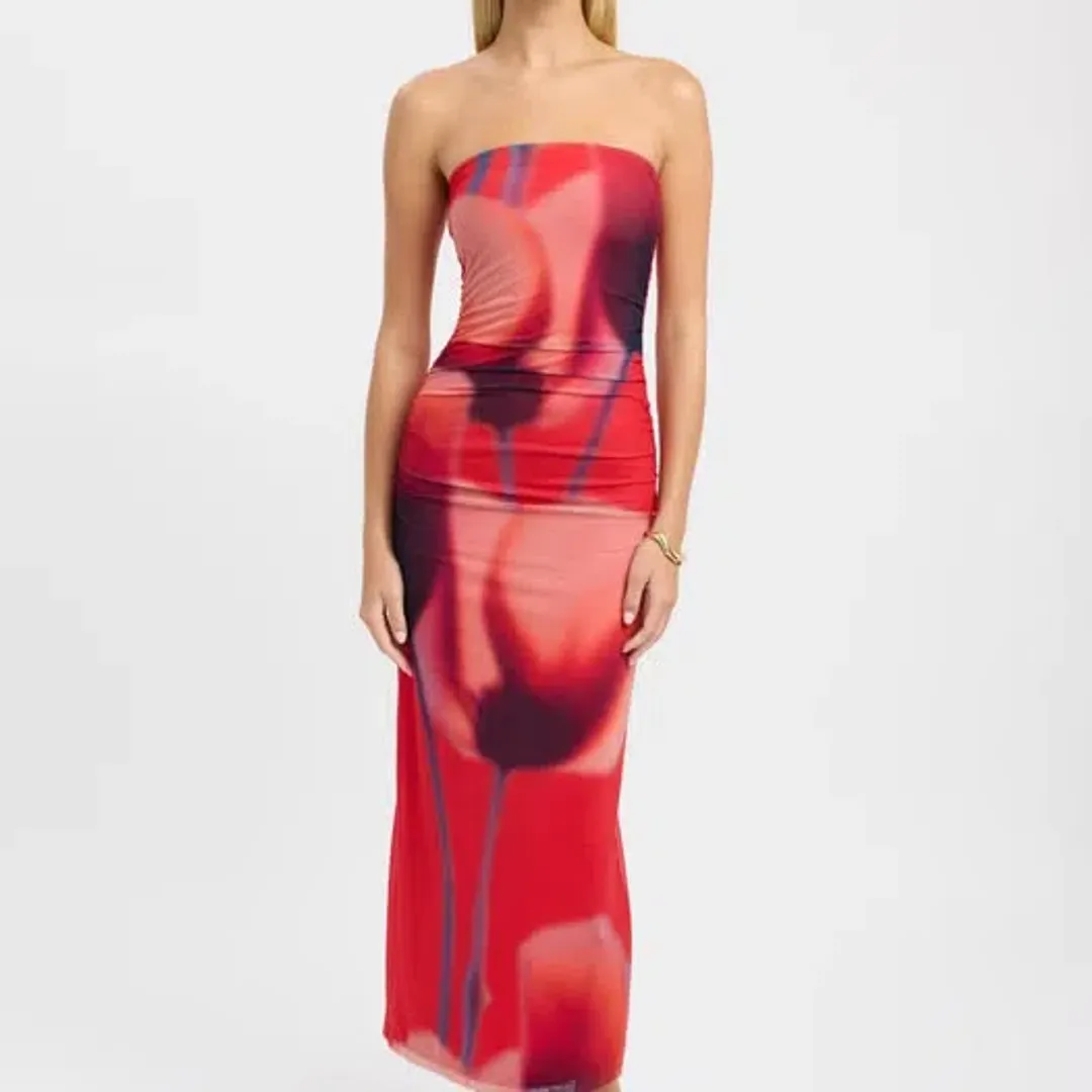 Kookai Flora Strapless Midi Dress Red Size 8 for rent on The Volte - main image