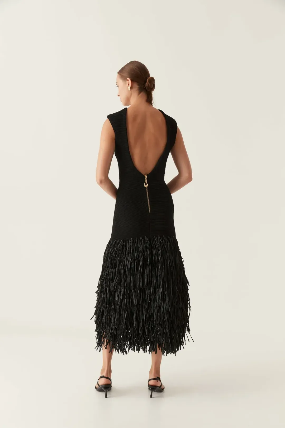Aje RUSHES RAFFIA KNIT MIDI DRESS BLACK size 6 for rent on The Volte - main image